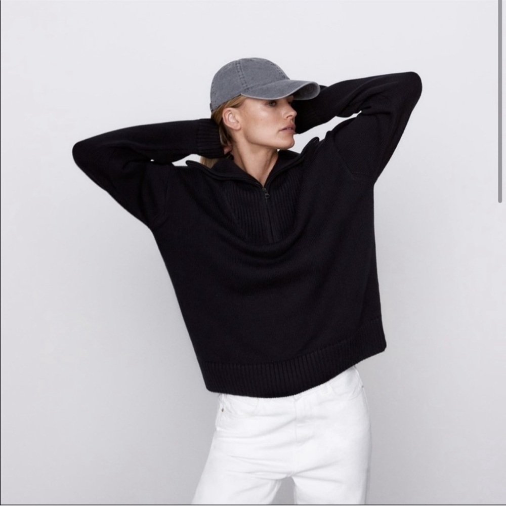 Zara Navy Zip-Front Ribbed Sweater - Picture 3 of 7